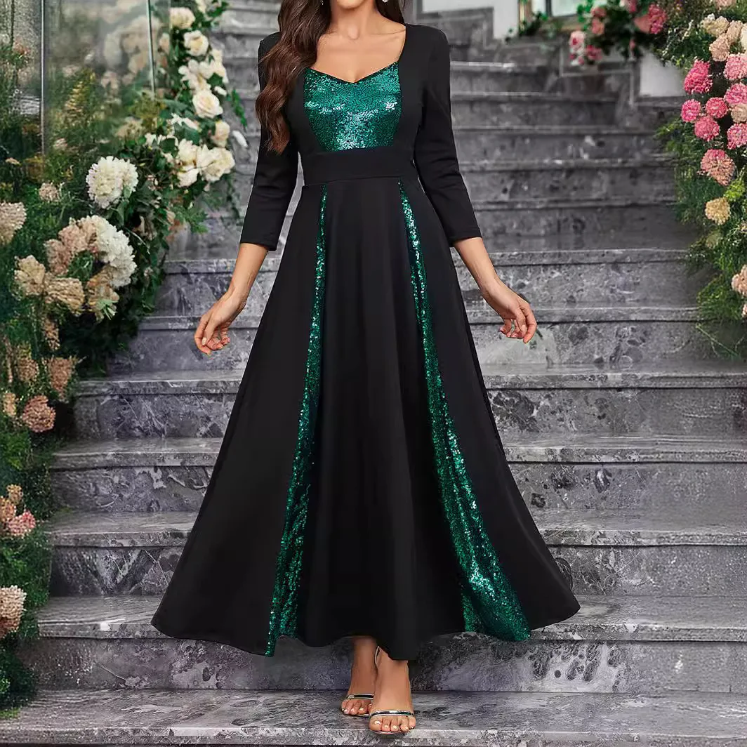 

Women Elegant Dress Summer V-Neck Three Quarter Sleeve Fashion A-Line Large Pendulum Sequin Stitching Prom Luxury Party