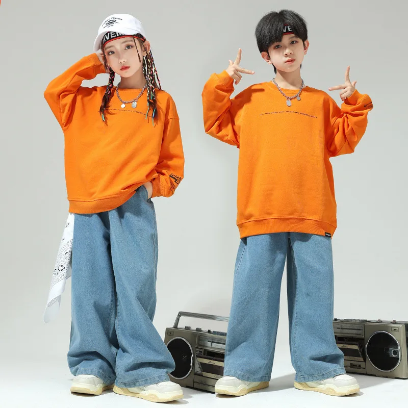 

Одежда для уличного танца в стиле хип-хоп для мальчиков и девочек, оранжевый Свободный свитшот, джинсовые брюки, Детский костюм для джазовых представлений, одежда для сцены, модные костюмы