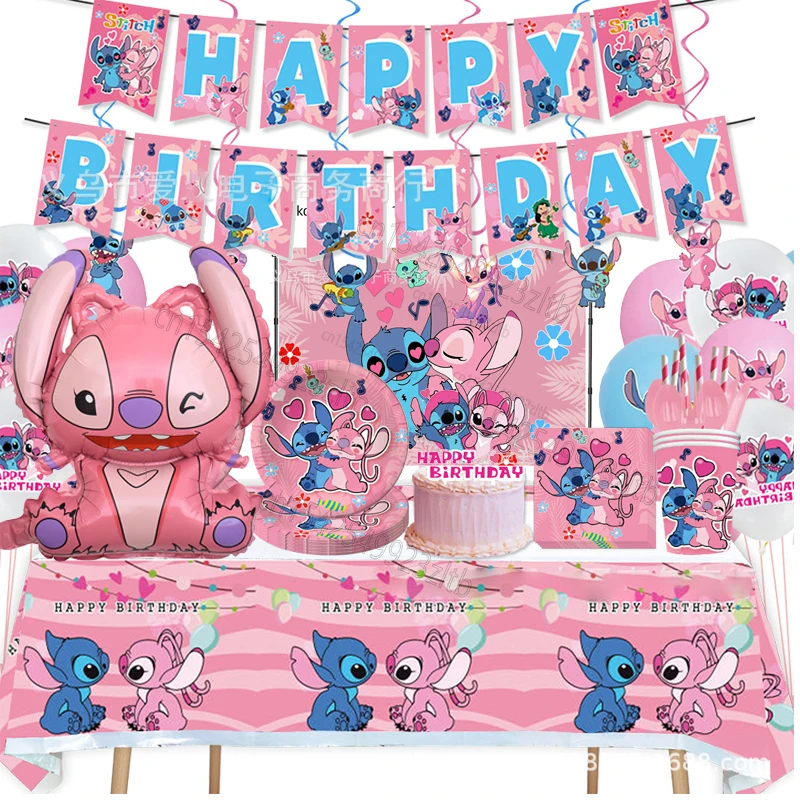 

NEW Disney Pink Stitch Birthday Party Decoration Cartoon Angel Stich Theme Tableware Balloon Plates Cups Supplies for Kids Girls