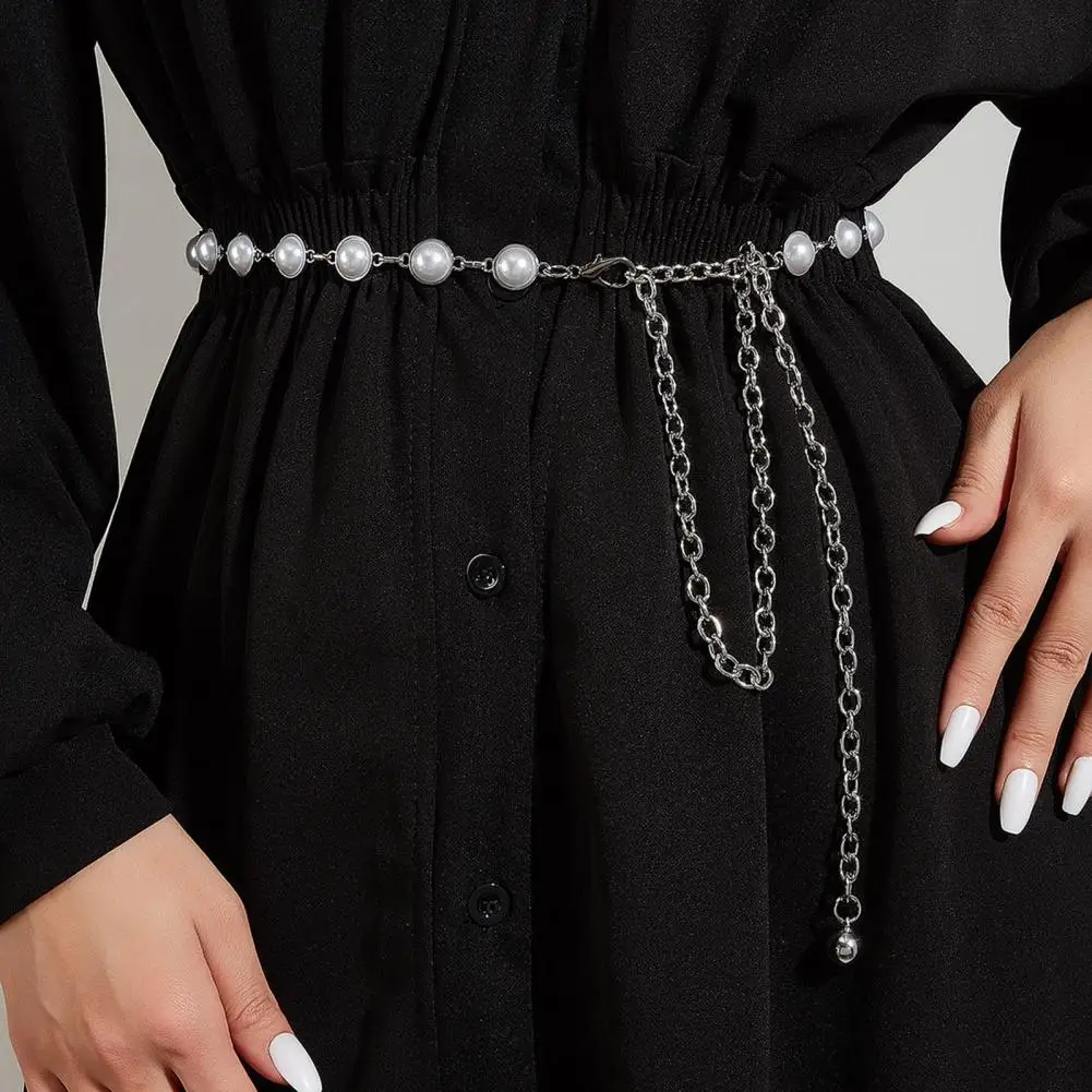 

Waist Decoration Jewelry Stylish Women's Dress Belt Adjustable Length Waist Chain with Fake Pearl Decor Lightweight Stainless
