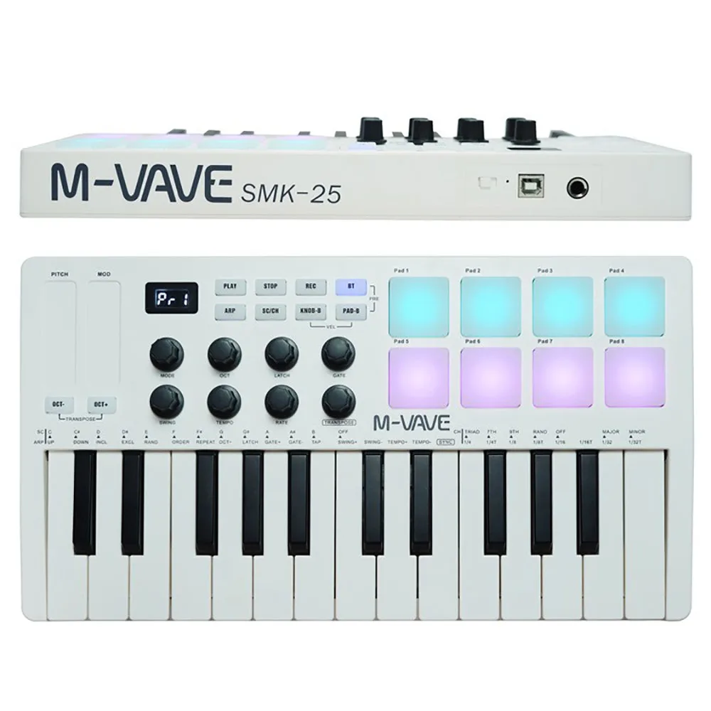 25-Key USB MIDI Controller 8 RGB Drum Pads Bluetooth Backlit Trigger Pads SMK25 Midi Keyboard Controller 6.35mm Pedal M-VAVE
