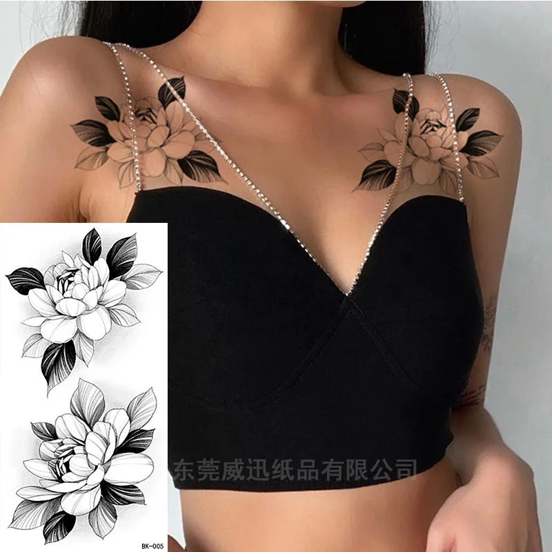 Sketch Flowers Sketch Tattoo Rose Blossoms Black and White Flowers Temporary Tattoos Sticker size: 4