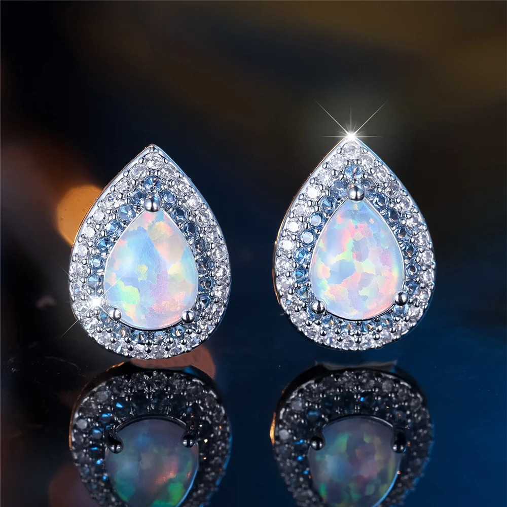 Female Cute White Opal Stone Water Drop Stud Earrings Silver Color Wedding Jewelry For Women