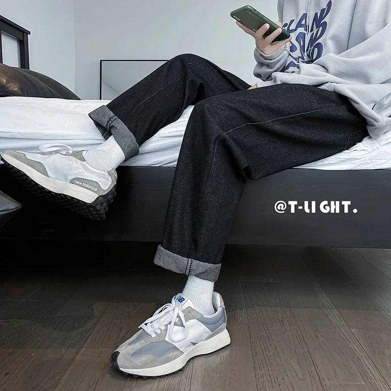 ICCLEK Solid Color Straight-leg Jeans Men's Autumn High Street Jeans Loose Casual Wide-leg Trousers Mens Jeans  Jeans Men