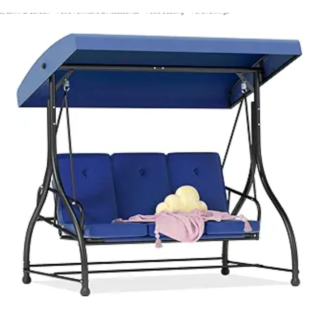 3-Seat Outdoor Porch Swing Bed with Removable Cushion, Patio Swing Chair with Adjustable Canopy,Heavy Duty Support 6