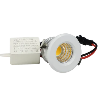 미니 LED 스폿 다운라이트, COB 3W, 270lm, 110V, 220V, 밝기 조절 캐비닛 라이트, 블랙 화이트 실버 마감, 알루미늄 컷 홀 30mm