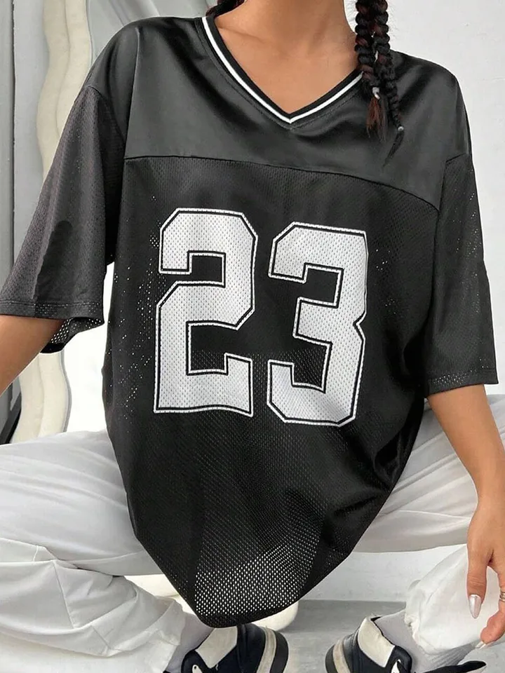 Stylish Women V Neck Elbow Sleeve Jersey T Shirt