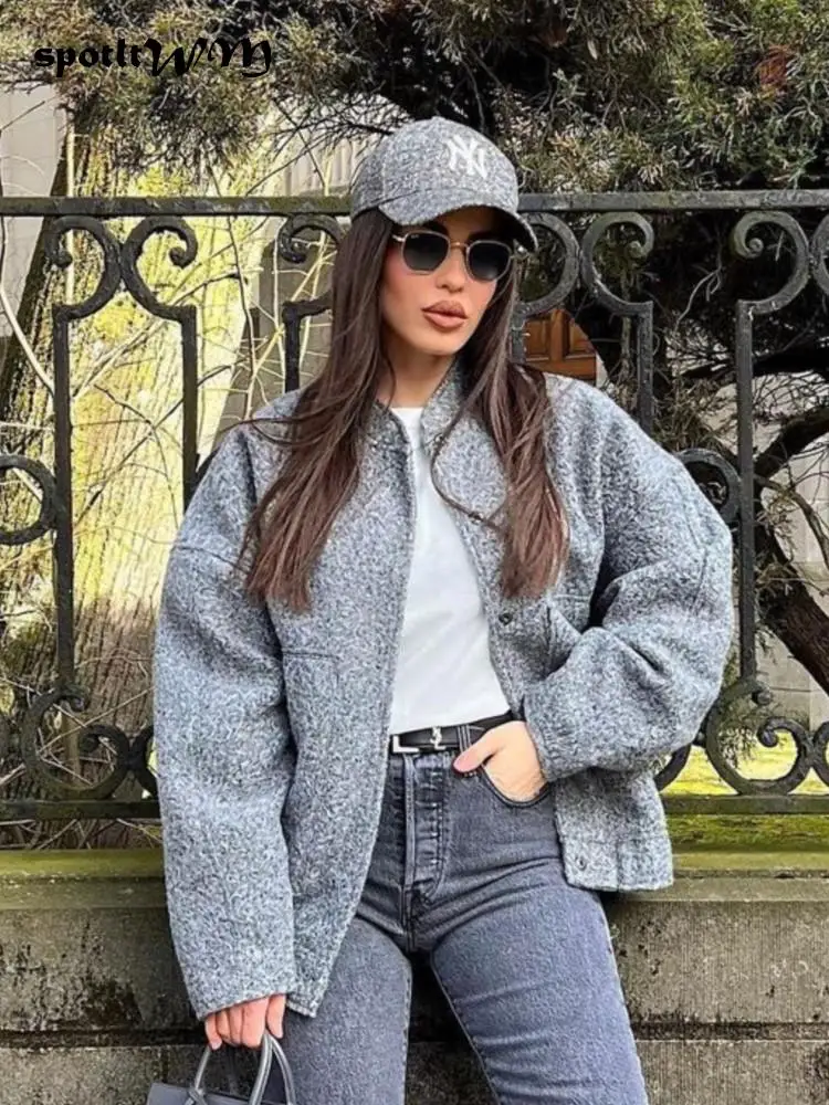 

Spring Women's Gray Bombers Jackets Female Long Sleeve Outerwear With Button Casual Loose Solid Stand Collar Ladies Coats Top