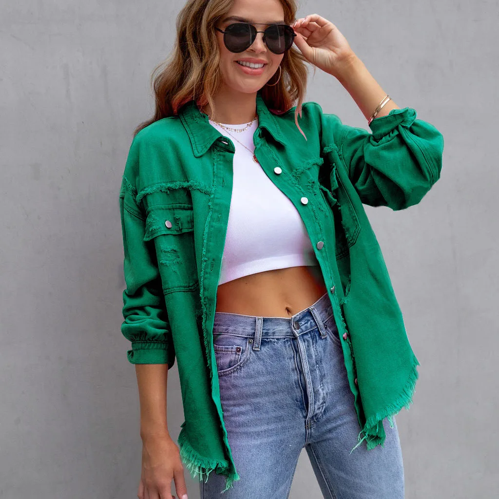 New Euro Women Mid-length Raw EdgeRipped Denim Jacket for Women Long-sleeved Casual Lapel Tops