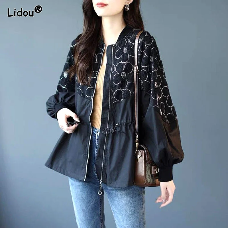 Women's Clothing 2022 Print Korean Jackets Outerwear Women Zipper Loose Thin Stand Spring Summer Windproof Trend Lacing Printing