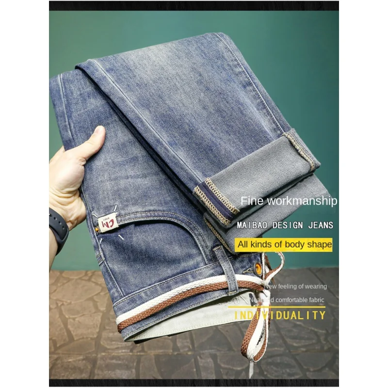 2024 Spring and Summer Retro Blue Ripped Jeans Men's Fashionable High-End Fashion Brand Casual Slim Thin Stretch Trousers