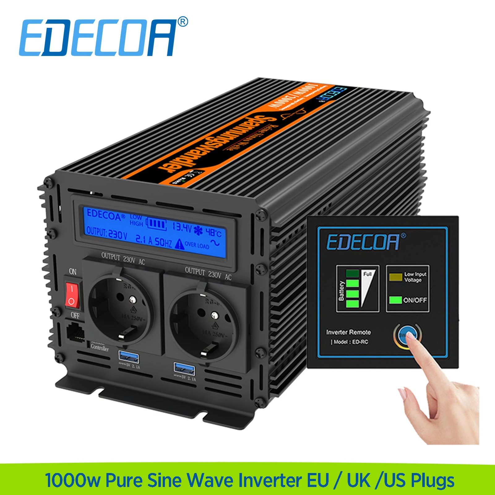 Inverter 12v 220v Pure Sine Wave 1000w Edecoa Dc 12v Ac 110v 230v 240v ...