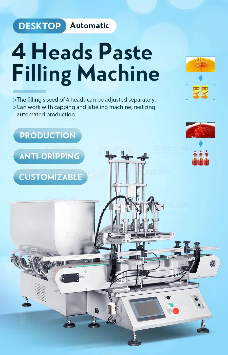 ZS-DTGT4T Pneumatic 4 Nozzles Paste Liquid Filling Machine