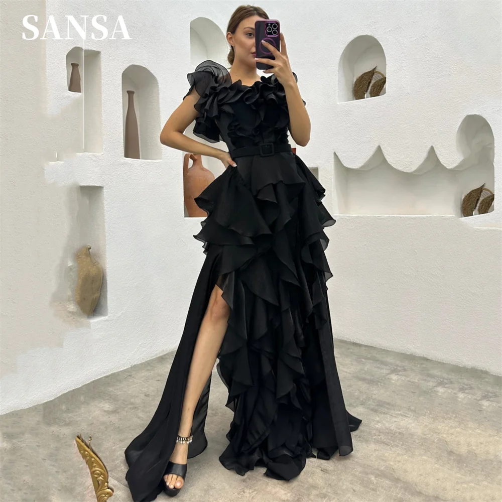 

Sansa Sexy Side Split Prom Dress Black Off Shoulder Black Chiffon فساتين سهره فاخره Strapless Edge Curl Vestidos De Noche