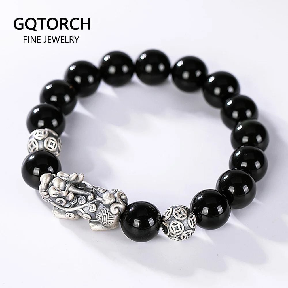 

Black Obsidian Stone Bracelets Hand Accessories For Men With Real Sterling Silver Pixiu Feng Shui Crystals Jewelry Armband Heren