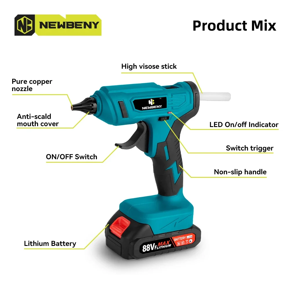 NEWBENY Cordless Electric Hot Melt Glue Gun 11mm Glue Stick Anti-scald Nozzle Rechargeable DIY Repair Tool For Makita 18VBattery 2