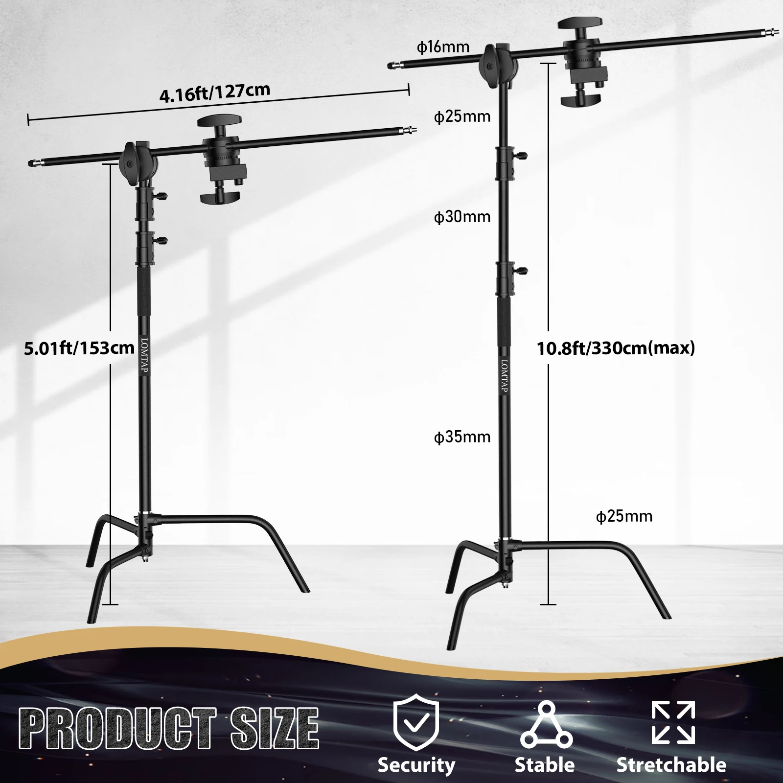C-stand Metal 8.53ft 260/330cm Stainless Photography Tripod Light Stand With Boom Arm Professional For Photo Studio Softbox