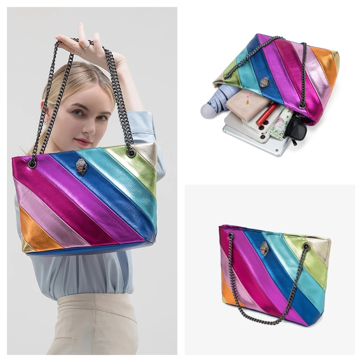 

The new 2024 Kurt Geiger eagle head bag with contrasting stitching rainbow large-capacity women's bag is fashionable and elegant