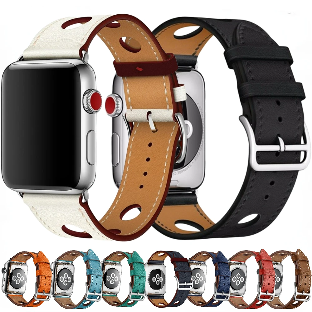 

Leather Strap for Apple Watch Band 45mm 41mm 44mm 40mm 42mm 38mm 49mm Breathable Wristband iWatch Series Ultra 8 7 SE 3 5 6 Band