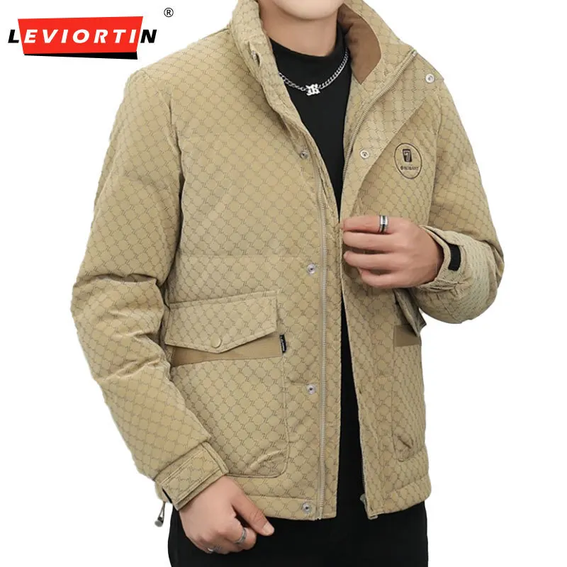 Hip Hop Men PU Leather White Duck Down Jackets Fall Winter Full Print Puffer Down Coats Male Cold Proof Warm Parkas Outwear