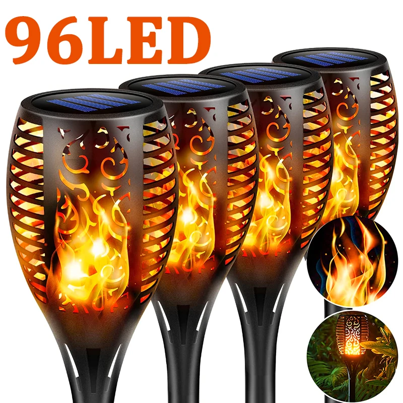 96 LED Luz Solar Al Aire Libre Luz De Jardín Canal De Luz Impermeable Terraza Intermitente Danza Antorcha Llama Luz Patio Decoración Navideña Compra Barata En
