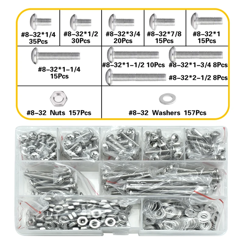 Machine Screw Assortment Kit #6-32 #8-32 #4-40 Phillips Pan Head Bolt and Nut with Flat washer 304 Stainless Steel Bolt set