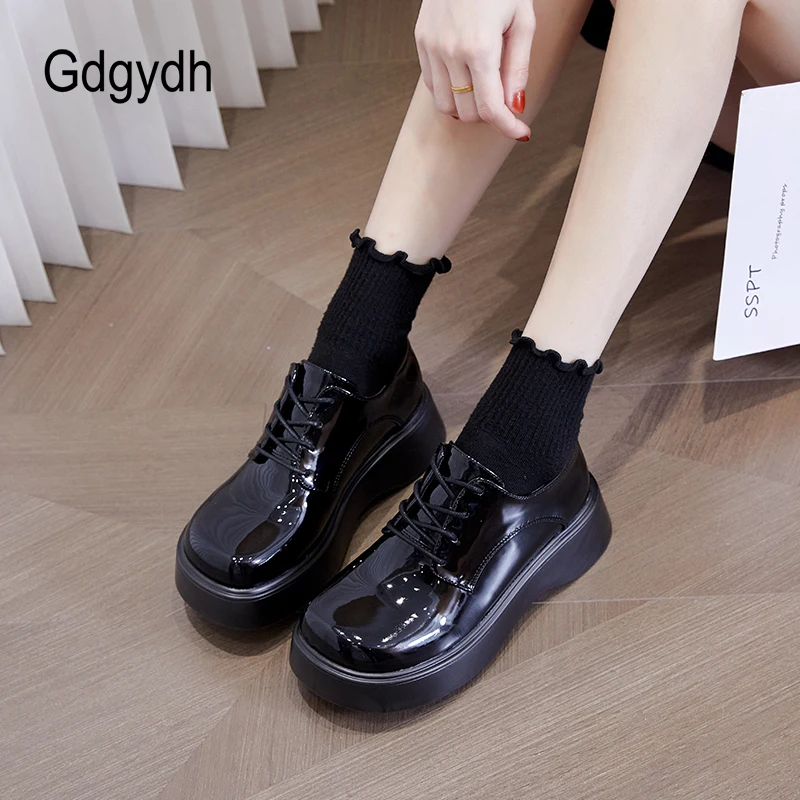 

Gdgydh British Style Flat Platform Shoes Women Lace Up Oxfords Patent Leather Uniform School Shoes Chunky Wedges Minimalist