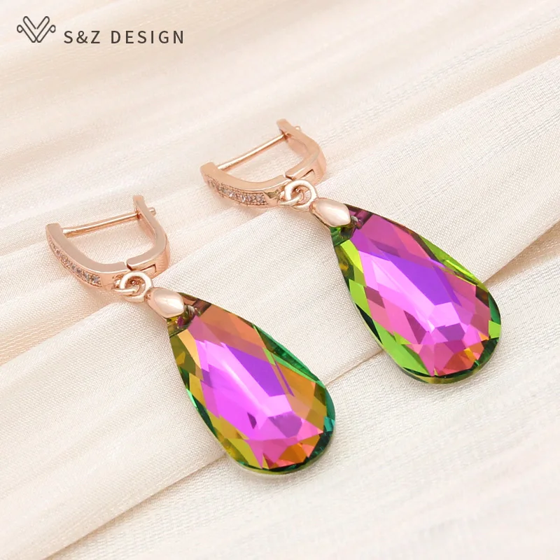 S&Z DESIGN New Fashion 585 Rose Gold Color Water Drop Crystal Dangle Earrings For Women Wedding Jewelry Cubic Zirconia Eardrop