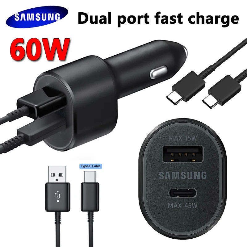 60W Super Fast USB-C Car Charger with Dual Outputs and Charging Cable