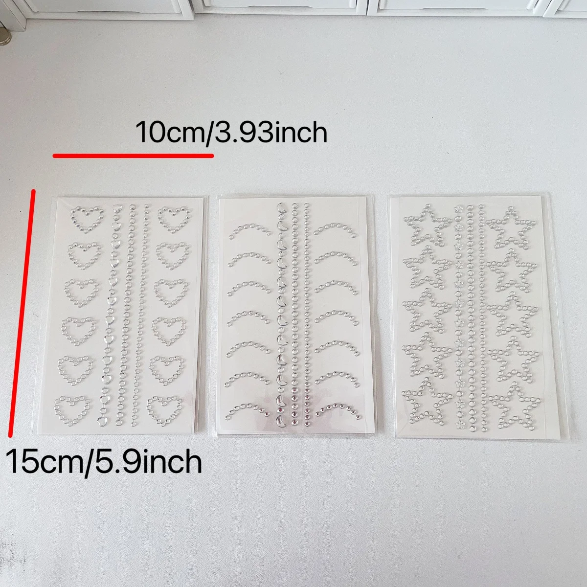 실버 다이아몬드 스티커 3장, 라인스톤 3D 장식 스티커, 수제 장식, 하트 및 별 모양 스티커, 메이크업에 적합