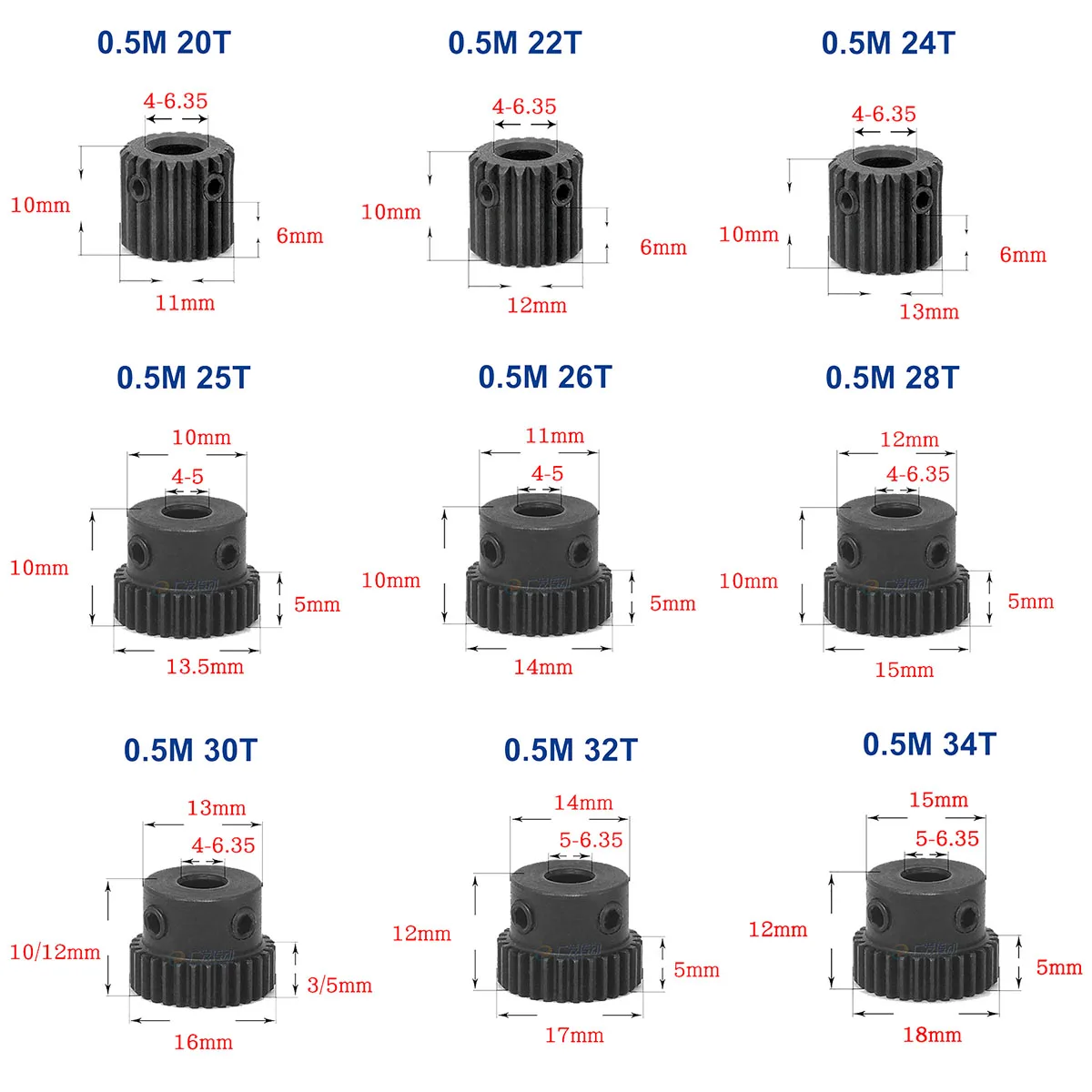 Spur Gear 0.5M 20T-34T Metal Transmission Gear 45# Steel 0.5 Modulus Pinion Gears Bore 4 5 6 6.35 8mm Surface Blackening motor gear transmission gear