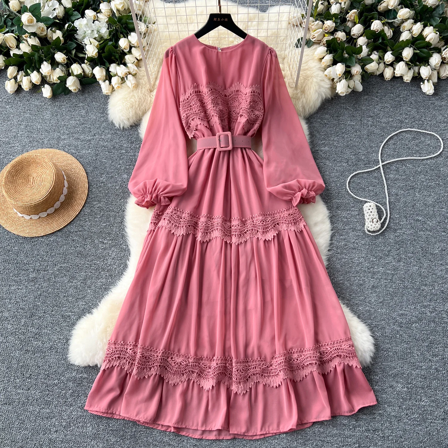 French Vintage O Neck Hollow Out Lace Patchwork Long Lantern Sleeves Korean Fashion Dresses Women's Autumn Waist Sweet Clothing
