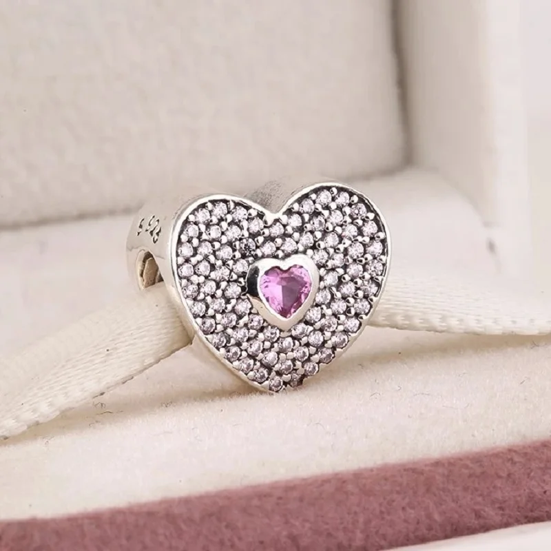 

Pink Cz Hearts charms 925 Sterling Silver jewelry love charm Fit beads Bracelets necklaces DIY gift to lover fine Jewelry