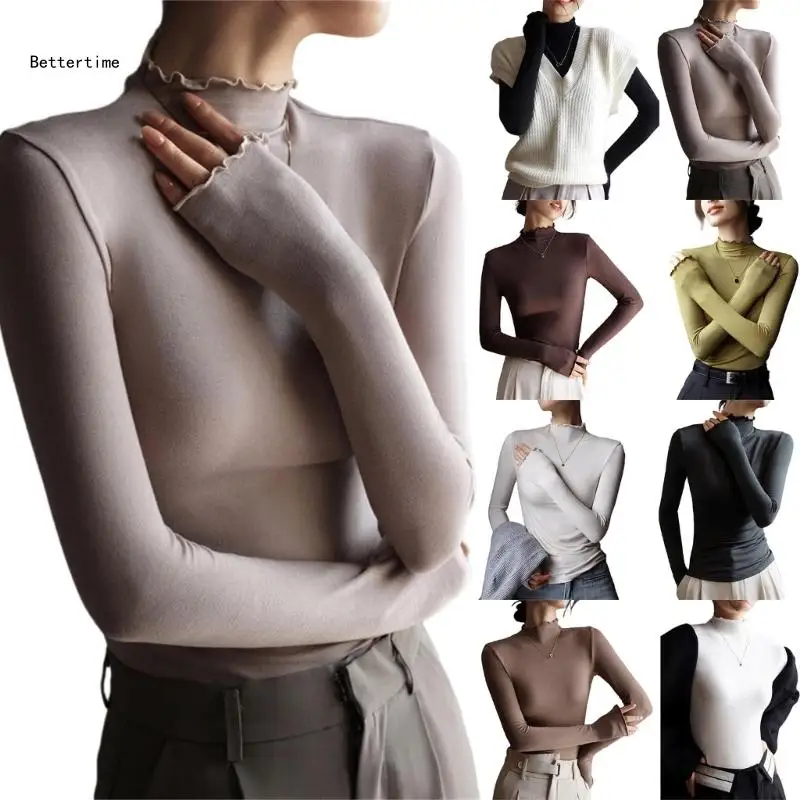 

B36D Women's Ruffle Mock Neck Tops Long Sleeve Shirts Solid Fitted