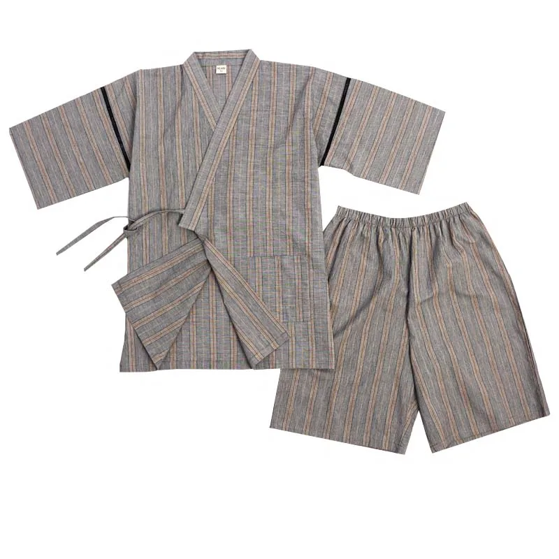 Men Japanese Kimono Costume Striped Vintage Yukata Stage Dancewear Summer Pajamas Sets