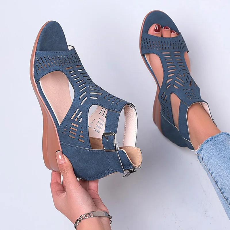 Women's Wedges Sandals Comfortable Outdoor Gladiator Platform Roman High Heels Shoes Party Hollow Out Thick Heel Zipper Shoes ladies wedge sandals