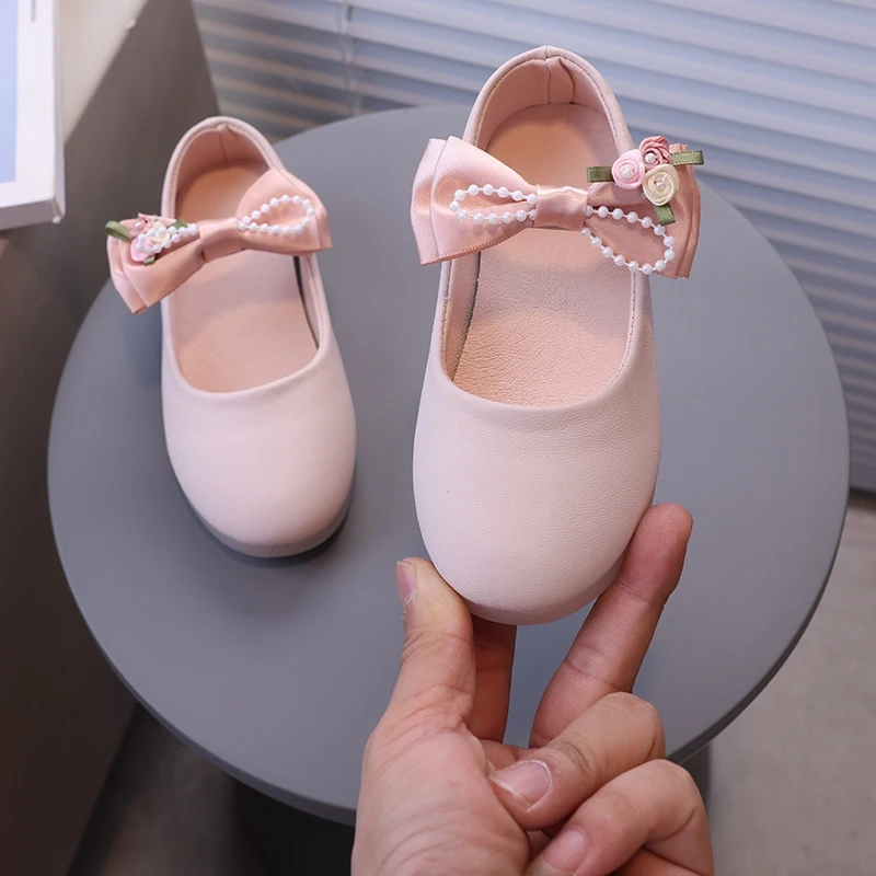 Kids PU Leather Shoes Girls Princess Shoes Baby Girl Simple Flower Bowknot Flats Mary Janes Child Baby Toddlers Baptism