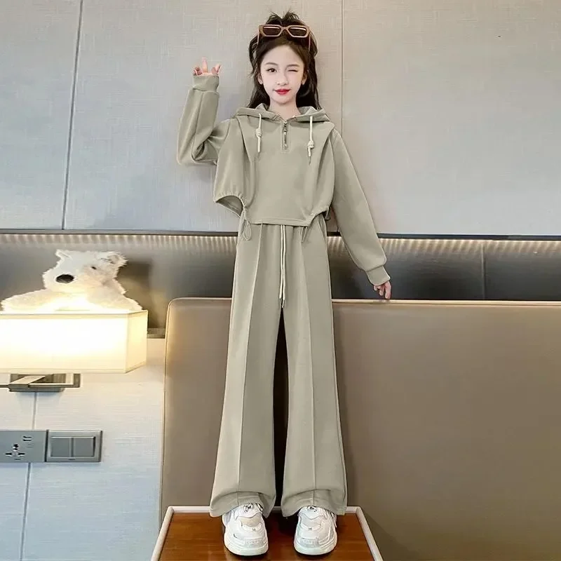 

2024 new autumn spring Teens Clothes Children Set batwing Crop Top sweatshirt hooded jacket + straight Pant Suit Korea tracksuit