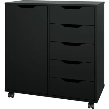 5-Drawer Chest With 1 Door Mini Dressing Table for Bedroom Wooden Chest of Drawers Storage Dresser Cabinet With Wheels Closet 1