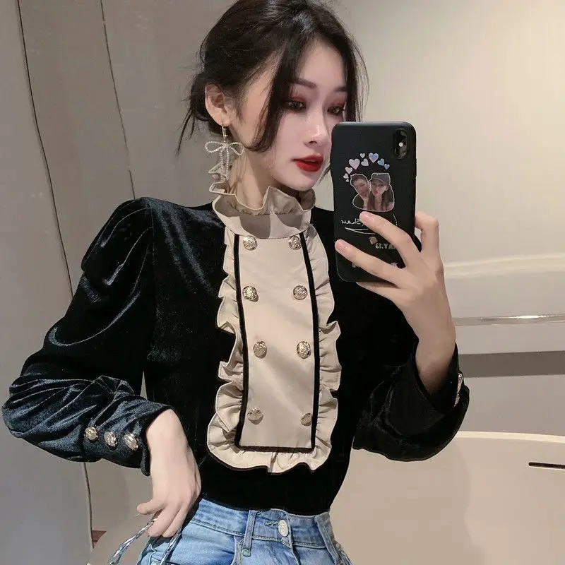 QWEEK Vintage Women Velvet Blouse Casual Stand Collar Double Breasted Puff Long Sleeve Brown Black Shirt Female Spring Autumn qweek vintage woolen plaid pants women autumn winter korean fashion harajuku baggy check loose trousers casual 90s aesthetic new
