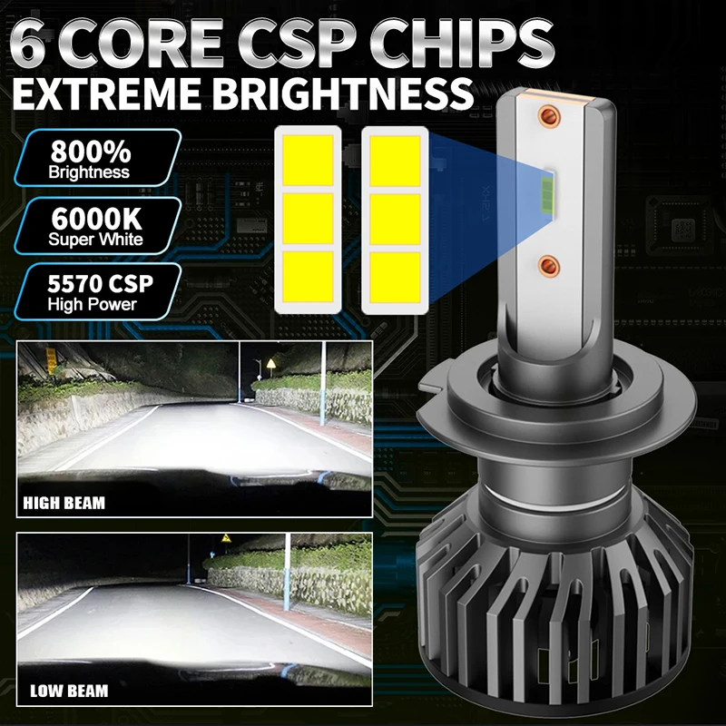HLXG H7 H4 LED 헤드라이트 5570 CSP 캔버스 K5C H1 H11 H8 HB3 HB4 9005 9006 플러그 6000K 12V 자동차 LED 라이트 안개등 구리 튜브 2개