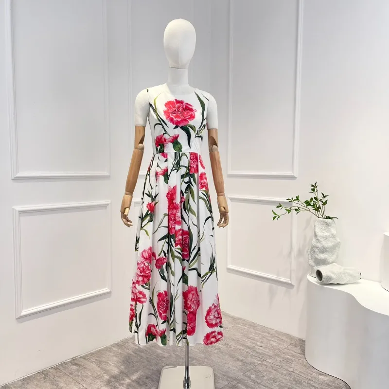 

High Quality Pure Cotton White Spring Summer Tulip Printing Sleeveless Pleat Woman Vintage Midi Dress New Arrival 2023