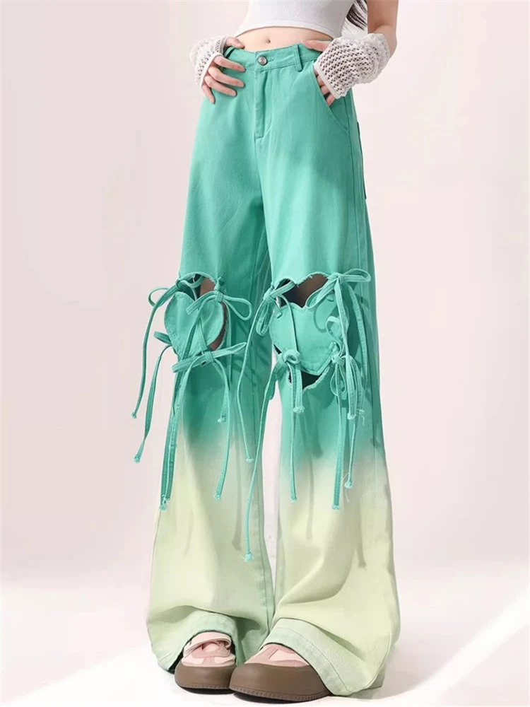 

Women's Love Band Design Green Thin Jeans Cool Girl High Waisted Bottoms Vintage Baggy Trousers Female Hollow Out Denim Pants