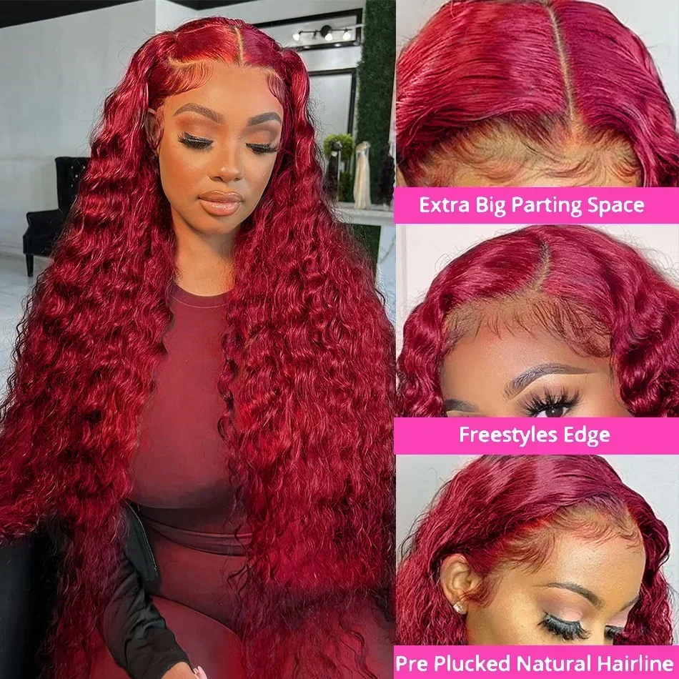 200 Density 99J Burgundy Deep Wave 13x6 HD Lace Frontal Human Hair Wig Curly Water Wave Lace Front Wigs For Black Women