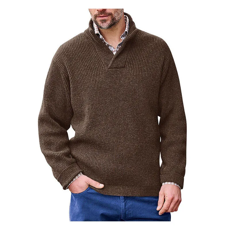 

Men's Knit Pullover Sweater Autumn/Winter V-neck Stand Neck Sweater Knit Sweater with High Quality Inside and Outside Sweater