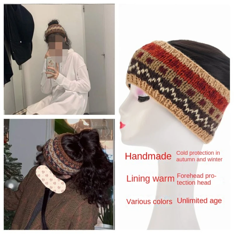 New high quality Handmade headband wool knitted hair accessories hair band fleece-lined warm hat ponytail confinement head cover 4