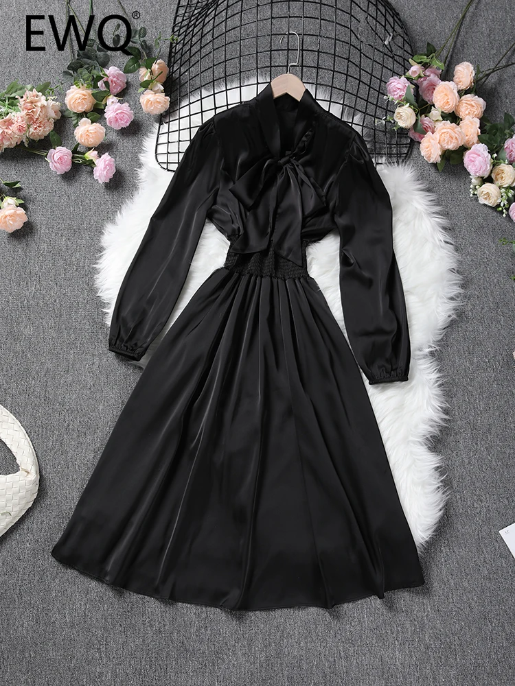 

EWQ Solid Color Bandage Bow Shirring Patchwork Highwaist A-line Vestidos Sweet Style Women's Dress Winter Spring 2024 New CP2594