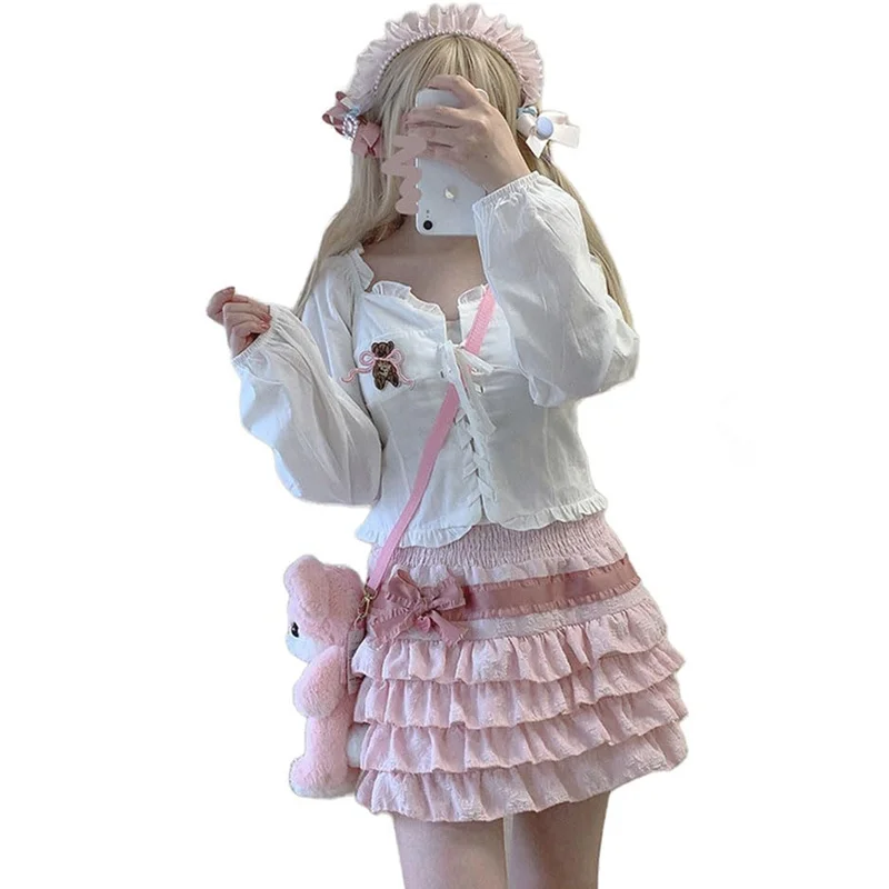 Xingqing Kawaii Lolita Cake Skirt Girls Harajuku High Waist Ruffle Layered Skirts y2k Aesthetic Women Fairycore Skirt Streetwear 4