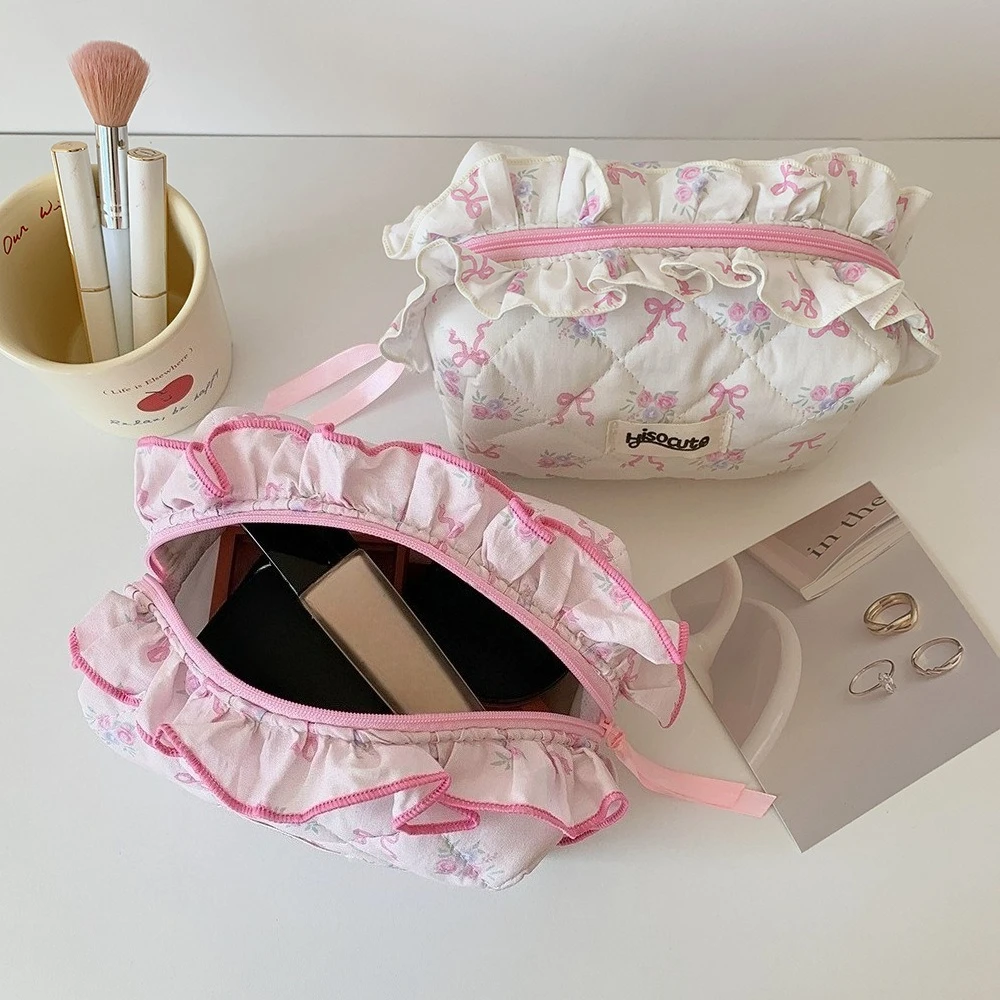 1Pcs 코튼 화장품 가방, 프릴 꽃무늬 메이크업 보관 주머니 여학생 여행용 대용량 펜 케이스