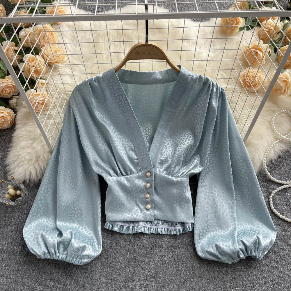 

Design French Vintage Women Blouse 2023 New Fashion Elegant Lantern Sleeve Sexy V Neck Slim Waist Cropped Shirts Streetwear Tops